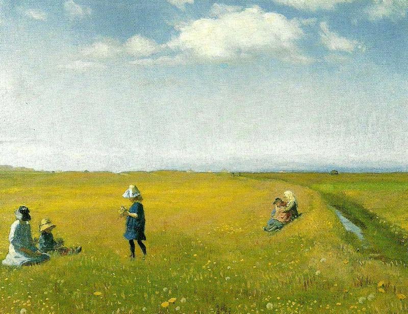 Michael Ancher born og unge piger plukker blomster pa en mark nord for skagen China oil painting art